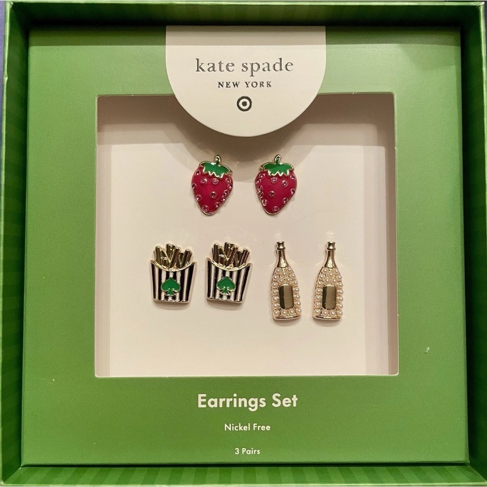 Kate Spade x Target set of 3 earring pairs NIB champagne fries strawberries